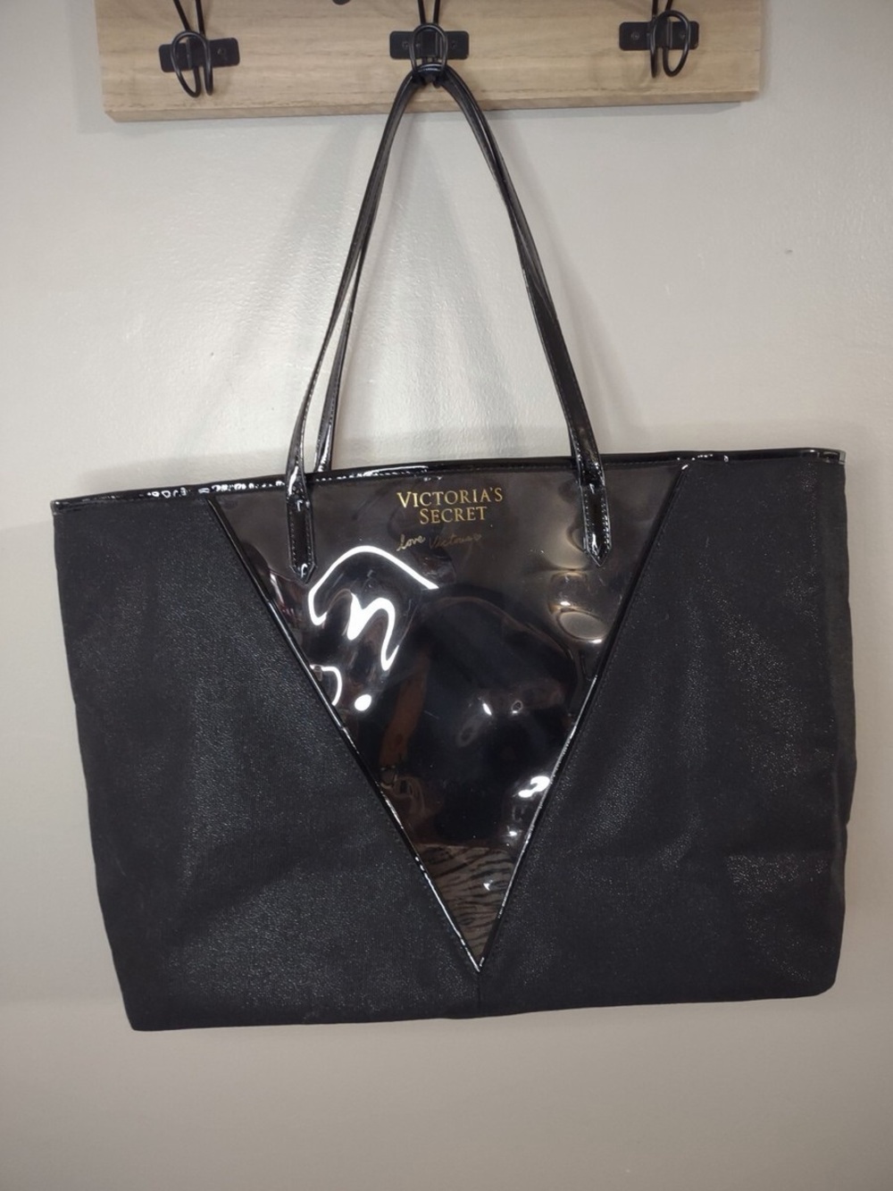 Victoria's Secret Black Tote with Glossy Triangle Panel